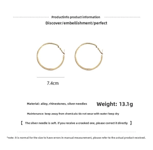 Macro detail of gold hoop earrings with rhinestones showing 7.4cm diameter and 13.1g weight