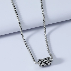 Vintage silver stainless steel cylinder pendant necklace with black engraved patterns
