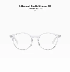 Detailed macro view of round transparent blue light blocking glasses with clear TR90 frame