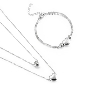Classic double-layer stainless steel jewelry set with heart charms and polished beads