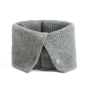 Solid grey knitted neck warmer with ribbed texture and three functional metal snap buttons
