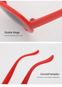 Detail of red heart sunglasses featuring reinforced metal hinges and ergonomic temples