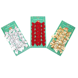 Set of 12 Christmas tree bows in gold, silver, and red on festive display cards
