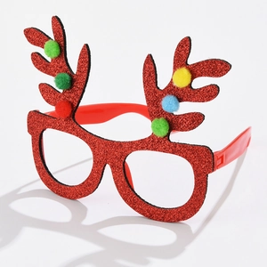 Christmas red reindeer antler glasses with glitter finish and colorful pom-pom decorations
