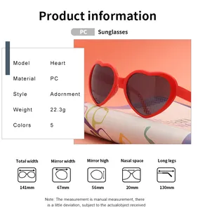 Detailed sizing guide showing dimensions and PC material specs for heart-shaped sunglasses