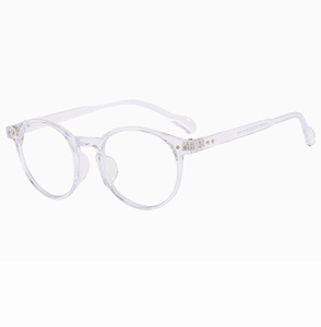Detail of transparent round TR90 frame sunglasses showing inner temple specifications