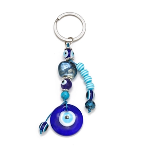 Blue Evil Eye keychain with metal ring and lucky beads for handbag or car key accessory