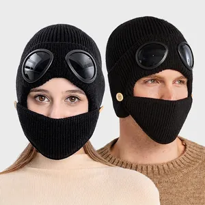 Knitted Beanie Hat With Goggles And Removable Mask Winter Warm Thick Aviator Pilot Style Windproof Outdoor