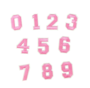 Detailed view of pink embroidered number patches 0-9 with white stitched edges