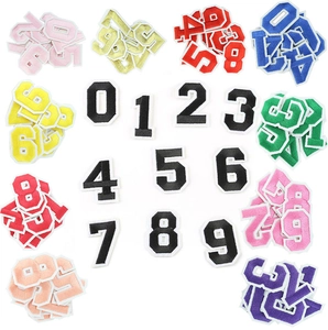Detailed view of colorful 0-9 embroidered number patches with high-density stitched borders