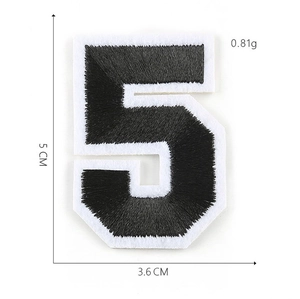 Detail view of number 5 embroidered patch with dimensions 5x3.6cm on white background