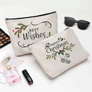 Christmas Makeup Bag Waterproof Linen Canvas Cosmetic Pouch Zipper Storage Case Travel Festive Gift For Women