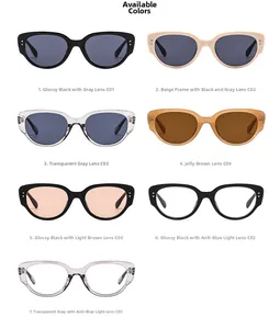 Cat-eye sunglasses collection in black, beige, and transparent frames with UV400 lenses