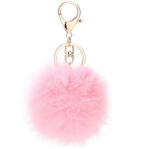 Detailed view of soft pink faux fur pom-pom keychain with golden metal lobster clasp