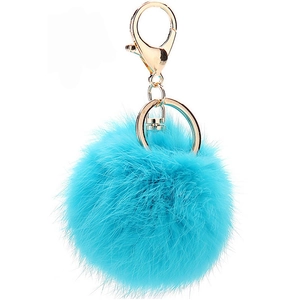 Tiffany blue faux fur pompom keychain with golden metal lobster clasp for bags