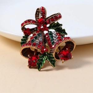 Christmas Bell Brooch Vintage Alloy Rhinestone Enamel Bow Holly Leaf Jewelry Accessory For Women Holiday