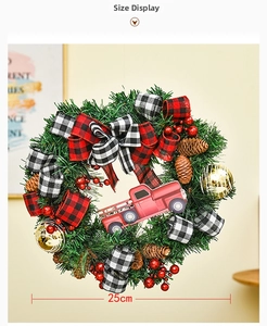 Detail of 25cm Christmas wreath with red truck, pine cones, and buffalo plaid bow