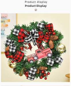 Detailed Christmas wreath featuring a red vintage truck, pine cones, and checkered bows