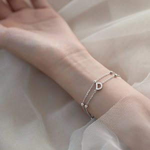Minimalist S925 sterling silver double-layer bracelet with round beads and D letter charm