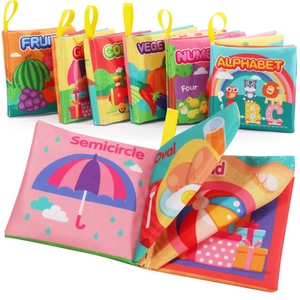 Set of 6 educational soft baby cloth books with colorful patterns and hanging loops