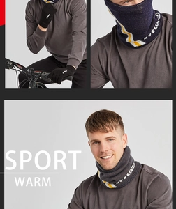 Close-up of winter thermal neck gaiter with stripes and non-slip outdoor cycling gloves