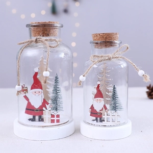 Christmas LED Glass Bottle Decoration With Wooden Santa Claus Miniature Tree Warm Light Desktop Ornament Gift