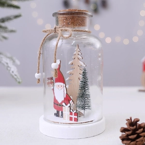 Christmas glass jar LED lamp with wooden miniature Santa scene and pine cone decor