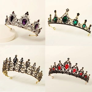 Baroque bridal crowns in gold with purple, green, black and red rhinestones