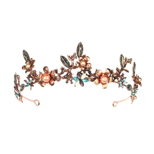 Baroque bridal crown with bronze metal, pink beads and teal crystal floral accents