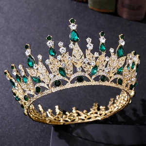 Baroque gold leaf crown with green teardrop crystals and sparkling white rhinestones