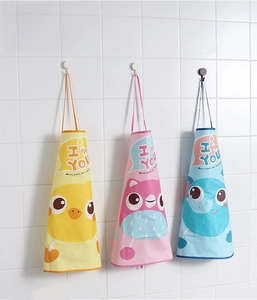 Three waterproof cartoon kids aprons with cute animal prints in yellow, pink and blue