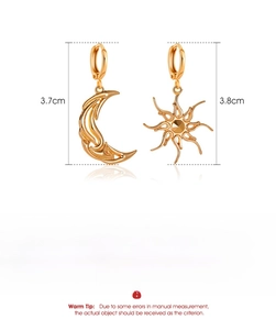 Detailed view of asymmetric gold sun and moon earrings with size and weight specifications