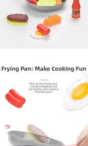 Detailed set of kids toy frying pan with realistic fried egg sausage and steak play food