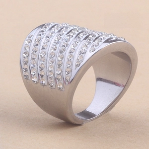 Macro detail of wide 304 stainless steel ring with 9 rows of sparkling rhinestones