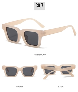 Three views of vintage square sunglasses with matte beige frames and grey UV lenses