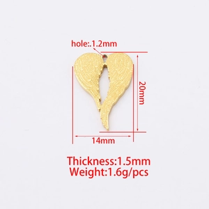 Gold stainless steel heart wing pendant with 14x20mm dimensions and feather engraving