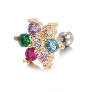 Gold plated flower cartilage earring with colorful cubic zirconia and screw ball back