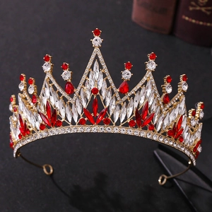 Luxury Baroque bridal tiara with red and white crystals on a premium gold metal base