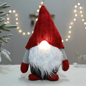 Illuminated Christmas gnome plush doll with red knitted hat and warm LED glowing nose