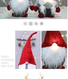 Detail of Christmas gnome with warm LED glowing nose and red knitted hat decoration