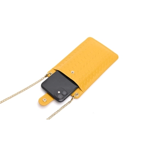 Yellow woven leather phone bag with gold chain strap and stylish crosshatch pattern