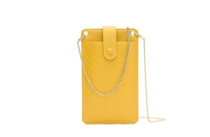 Detailed view of yellow woven texture mobile phone bag with golden chain strap