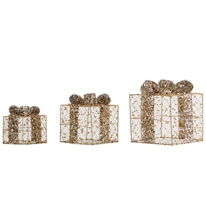 Set di tre scatole regalo natalizie dorate con paillettes e perle per decorazioni