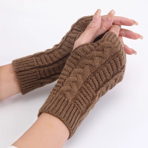 Brown cable knit fingerless gloves for women and men, stylish short warm wrist warmers