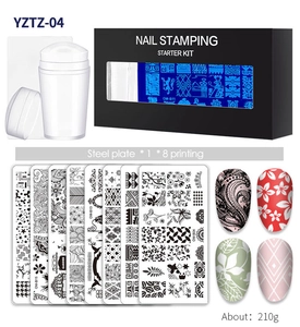 Nail stamping kit with stamper, scraper, and eight steel plates featuring garden patterns