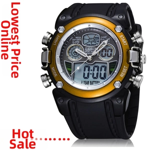 Close-up of Oulm dual time watch with yellow metal bezel and 3-year battery life label