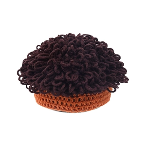 Funny winter baby beanie with brown curly hair wig design and orange crochet base