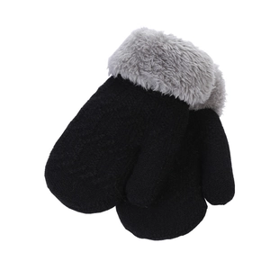 Winter thermal knit mittens for toddlers with black body and grey faux fur trim cuff
