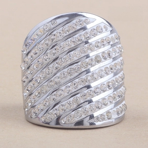 Macro view of wide 9-row slanted stainless steel band with shimmering rhinestone crystals