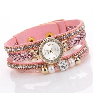 Elegante roze meerlaagse wikkelhorloge voor dames met strass steentjes parels en vlecht